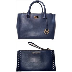 Michael Kors MD Tote/Crossbody Matching Large Zip Clutch Navy w/ Gold Accents